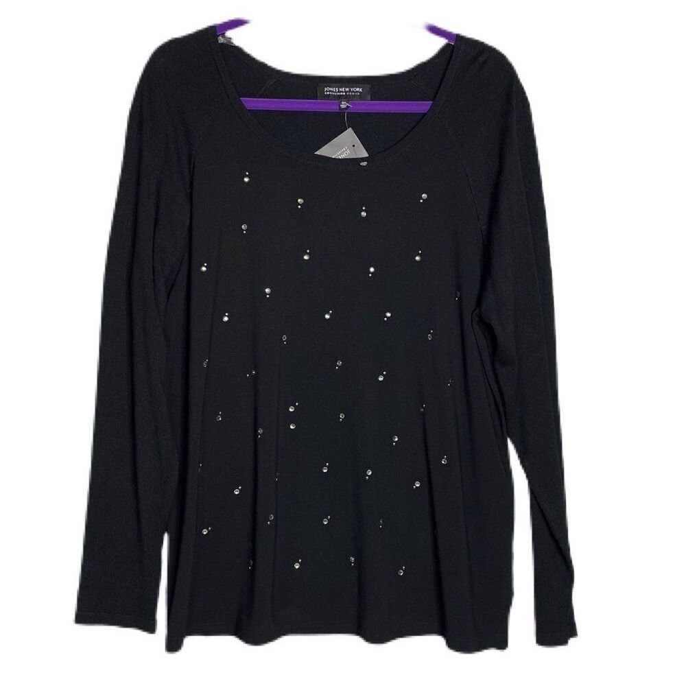 NWT 0X Jones New York Scoop neck black sweater silver rhinestone embellishment